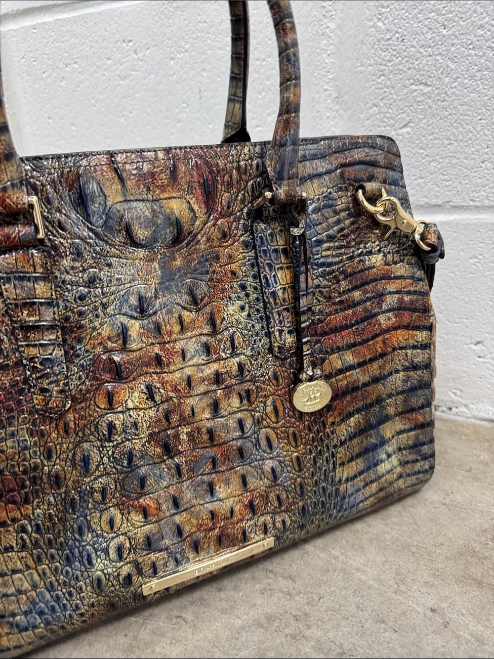 Brahmin Multicolor Croc-Embossed Satchel in Blue, Brown & Tan - Picture 5 of 9